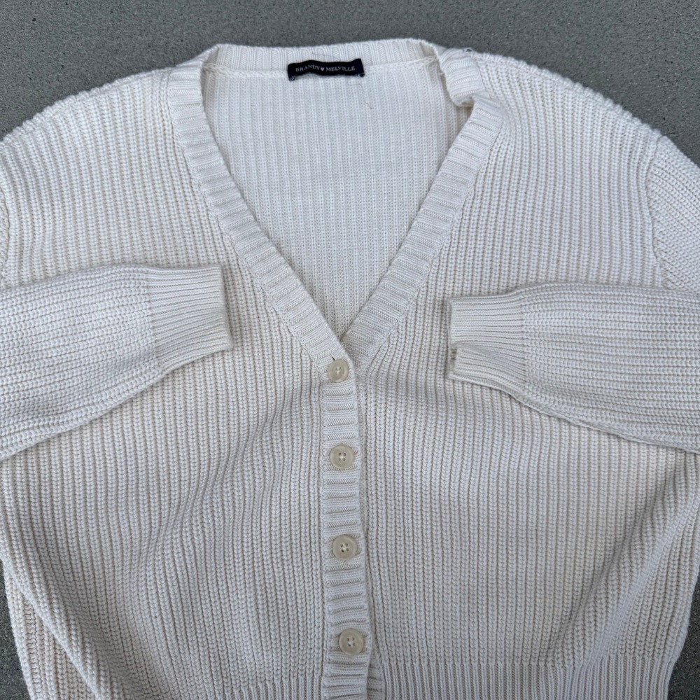 Brandy Melville Cream White Cotton Ribbed V-Neck Button Cardigan Sweater Size S - Picture 6 of 7